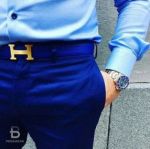 Buy Replica - Hermes Blue Leather Belt with Rose Gold 'H' buckle